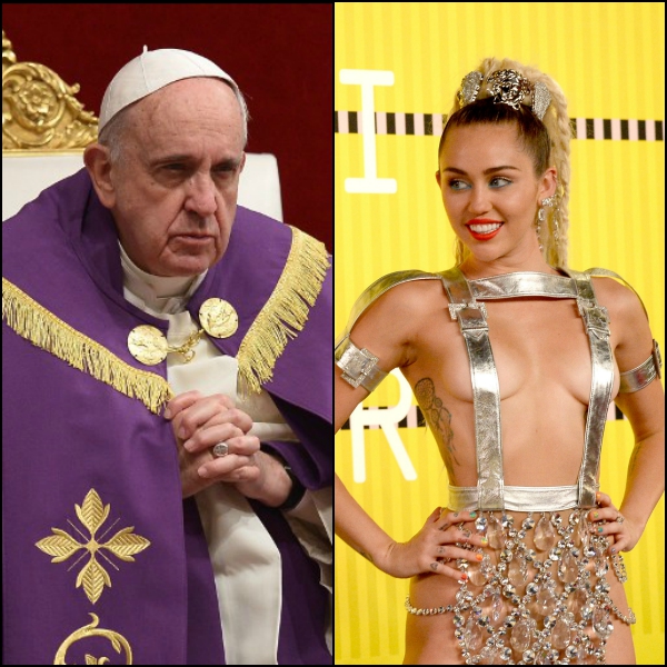 MTV VMAs host Miley Cyrus angers people with picture of Pope Francis promoting her album