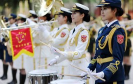 Female soldiers of the Military Band practice for the V-Day parade